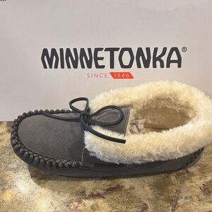 Minnetonka Charcoal Moccasin with Cream Lining